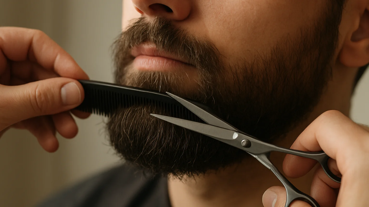 Close detail of hands trimming a beard with a comb and scissors, soft daylight, natural skin texture