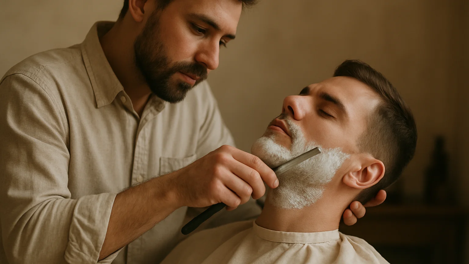 Considered portrait of a barber shaving a client's jaw, gentle studio light, warm neutral tones