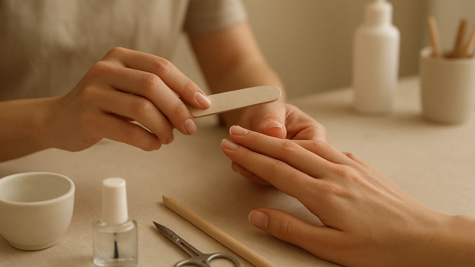 Hands performing a manicure at a tidy station, soft diffused daylight, natural nails and skin