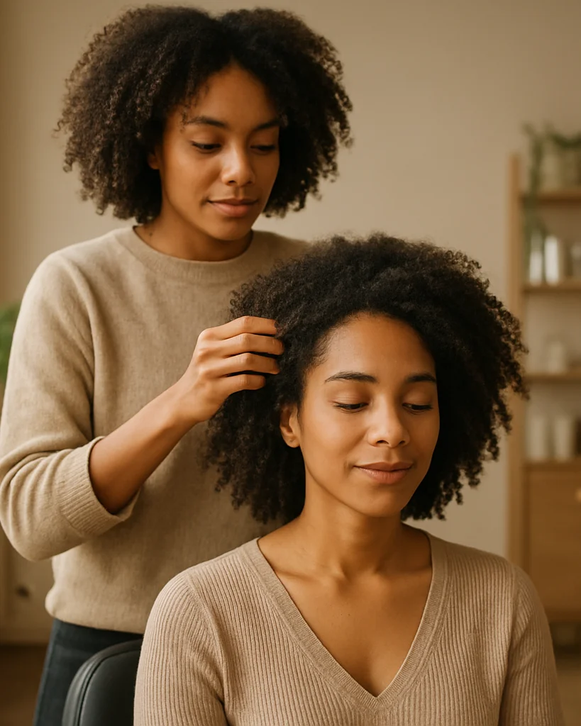 Wide candid portrait of a stylist and client in a calm salon, soft daylight, natural hair texture, warm neutral tones