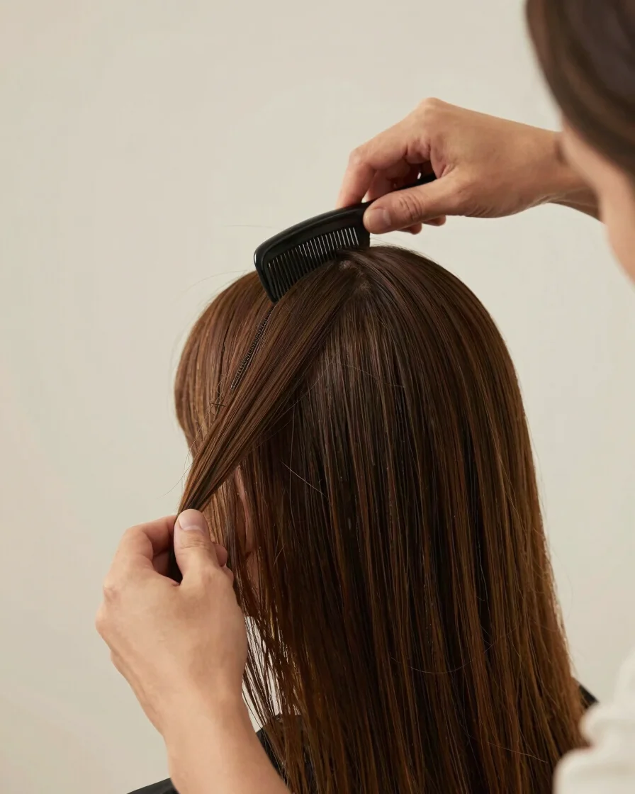 Editorial beauty photograph of a hairdresser mid-cut, soft diffus
