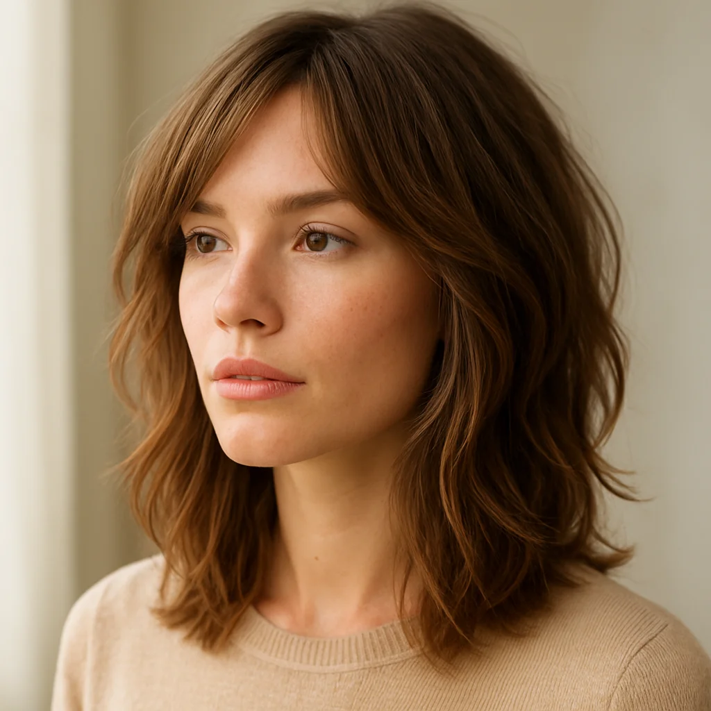 Close portrait of a finished layered haircut with soft movement,