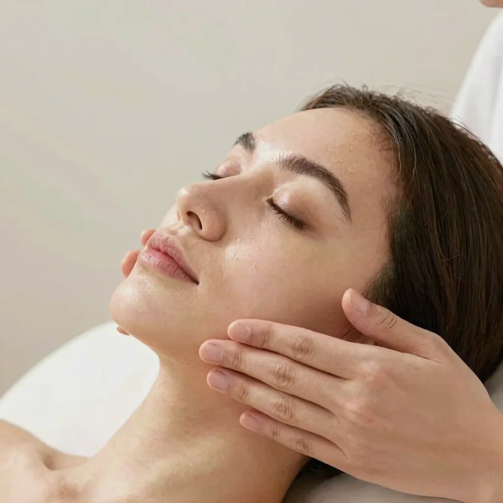 Facial massage in progress, hands gently working along a cheekbon