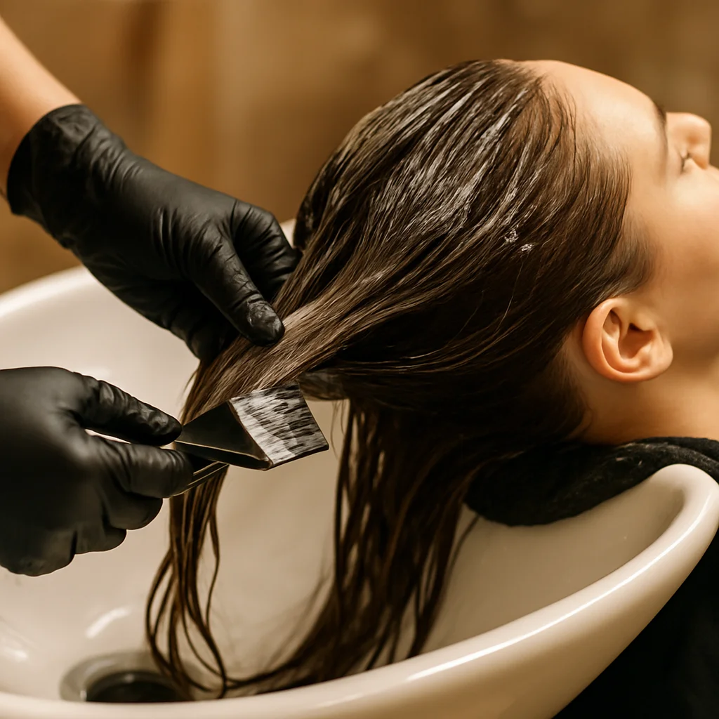 Stylist's hands applying tint to hair in a salon sink station, so