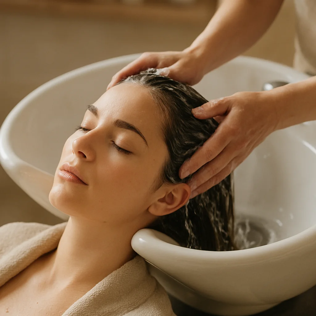 Hair being washed at a basin, water catching daylight, considered