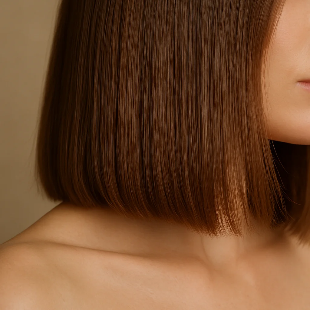 Straightened shoulder-length hair with a smooth finish, close cro