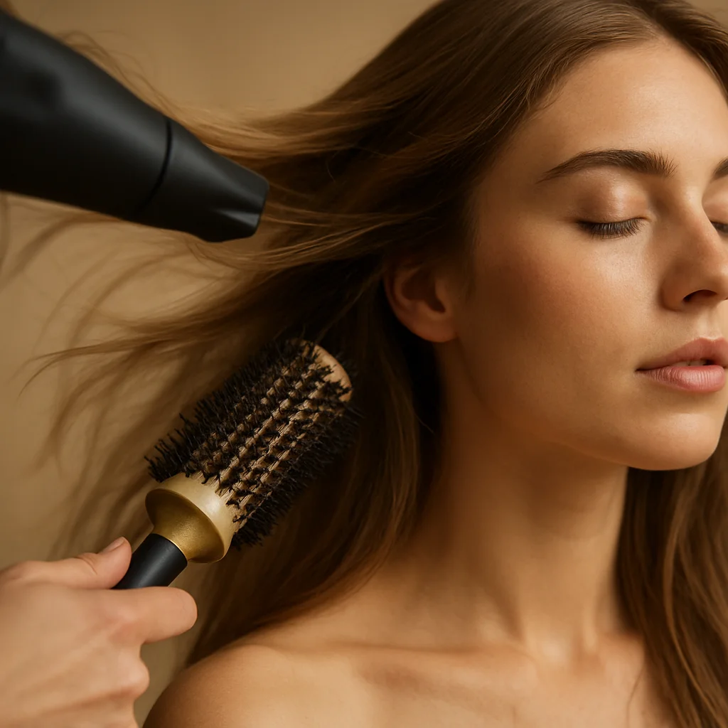 Blow-dry in progress with round brush, natural movement captured