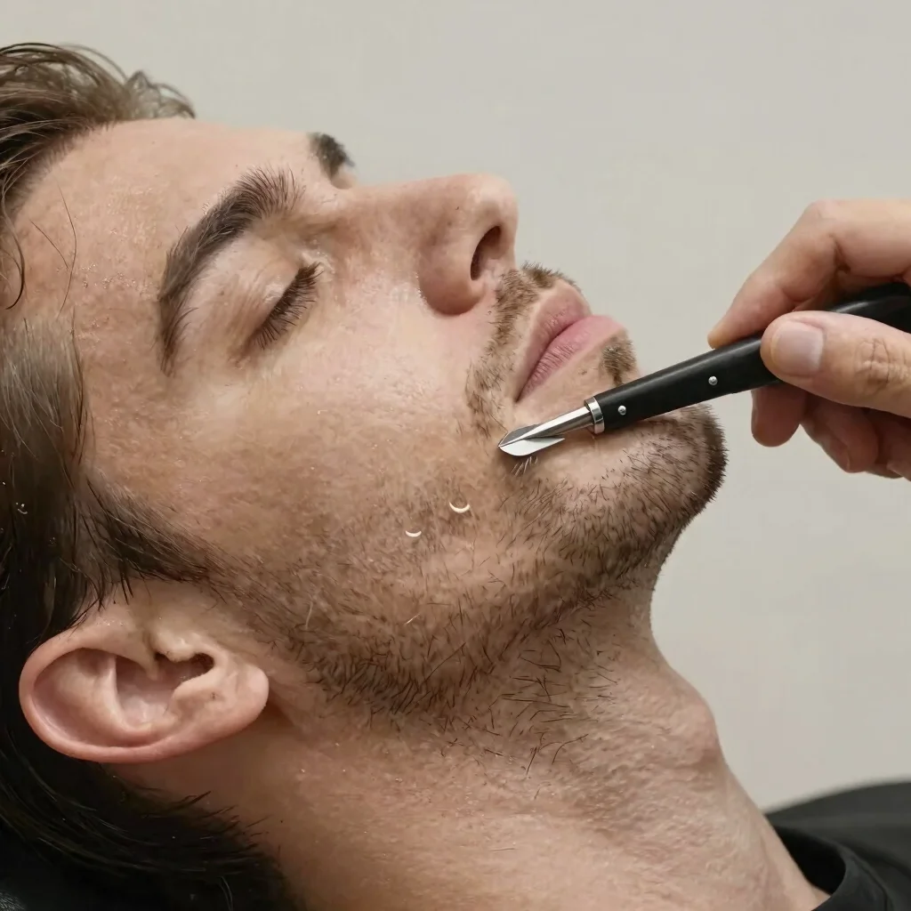 Close detail of a barber trimming a beard line with precision too