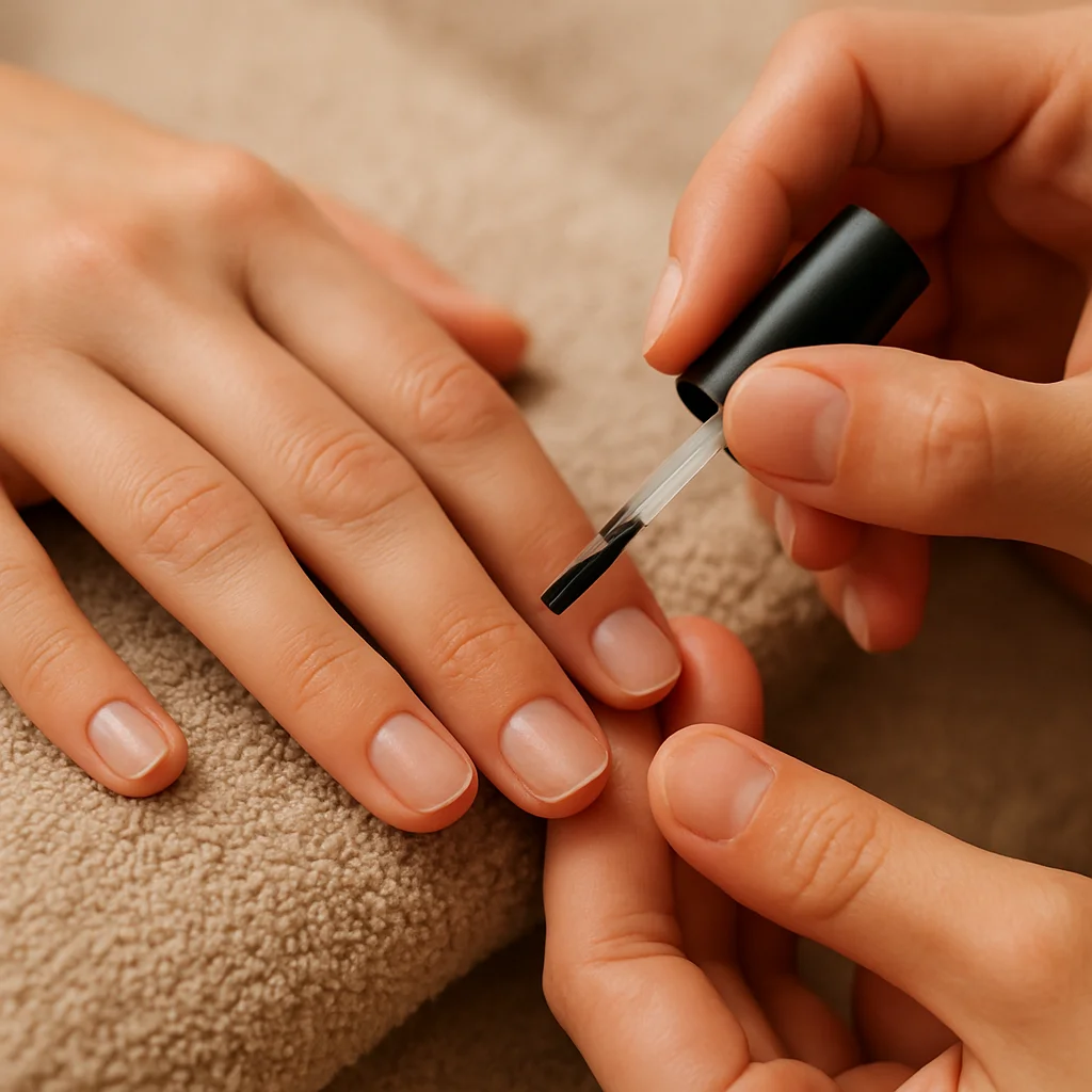 Manicure in progress with fingers resting on a neutral towel, sof